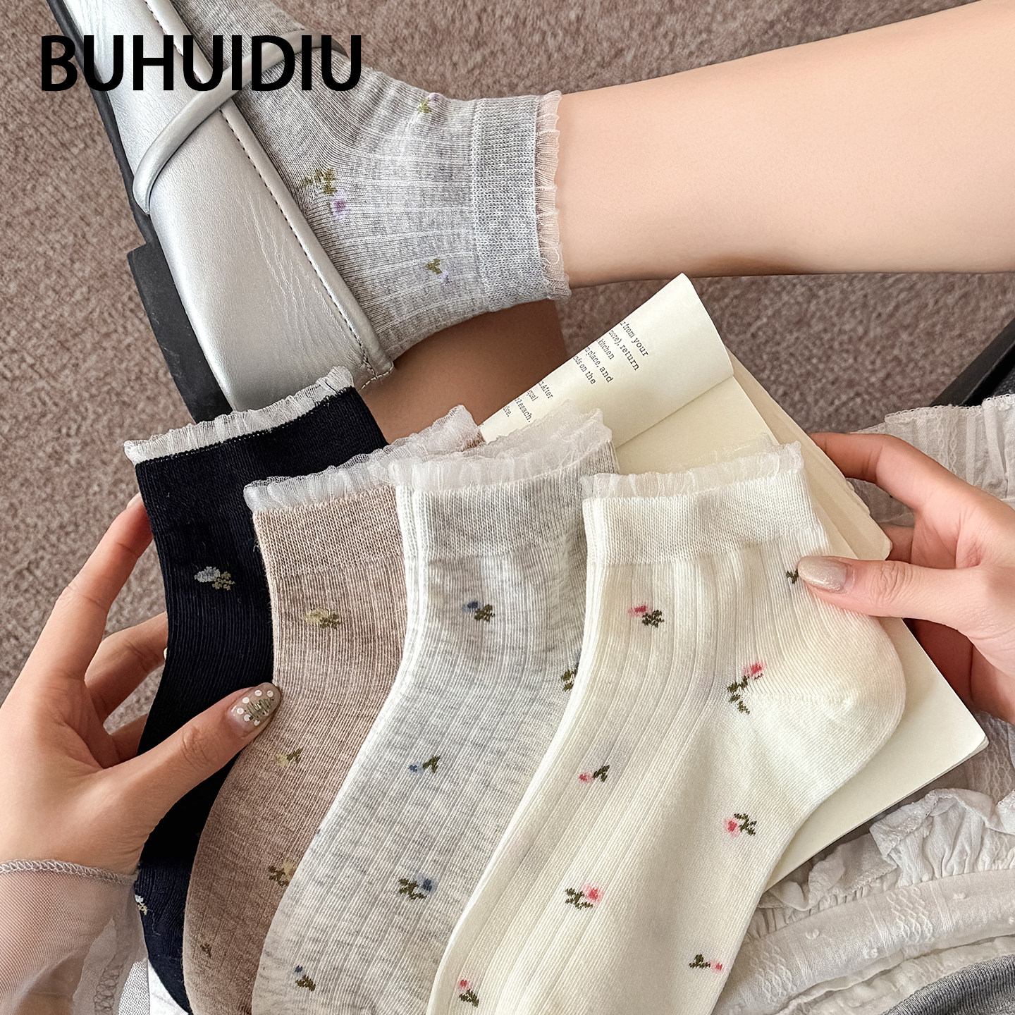 不会丢的袜子 韩系无骨短袜夏薄款女纯棉小碎花蕾丝边透气短筒袜