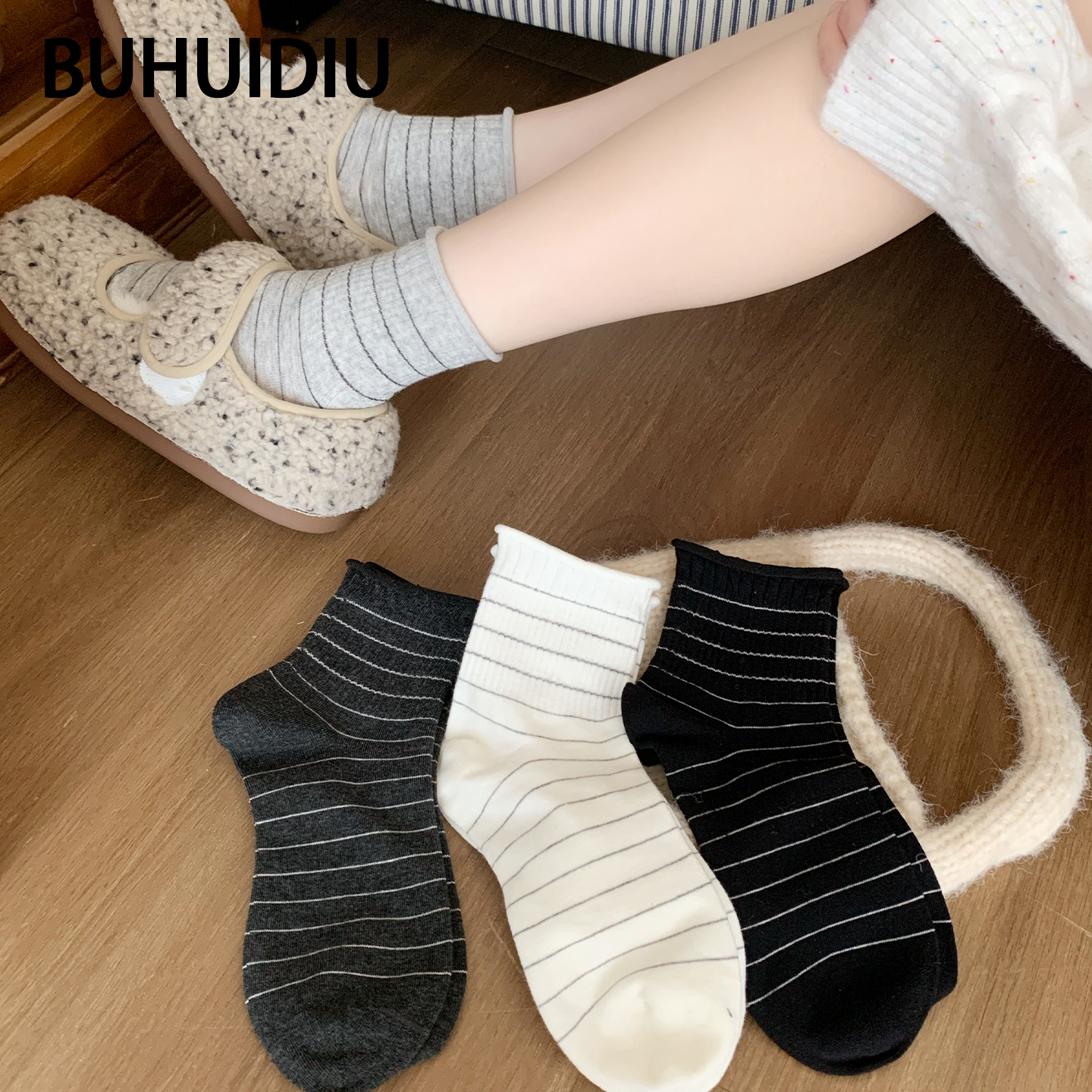 不会丢的袜子 卷边条纹短袜女款春秋ins潮日系简约百搭透气短筒袜