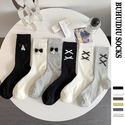 蝴蝶结堆堆袜女中筒薄款春夏棉