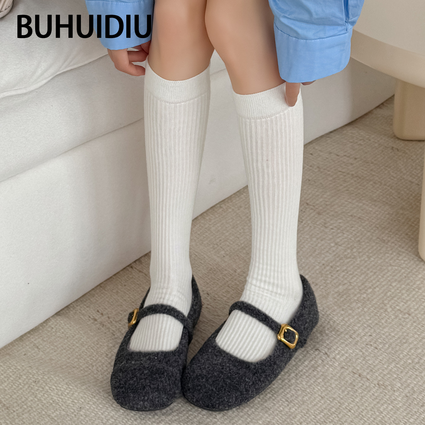 不会丢的袜子 灰色长筒堆堆袜女款春秋纯棉条纹miu风小腿袜长袜子