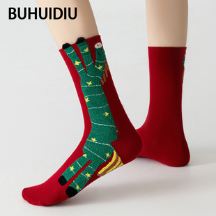 不会丢的袜子 本命年红色中筒袜女秋冬款纯棉马年卡通可爱圣诞袜