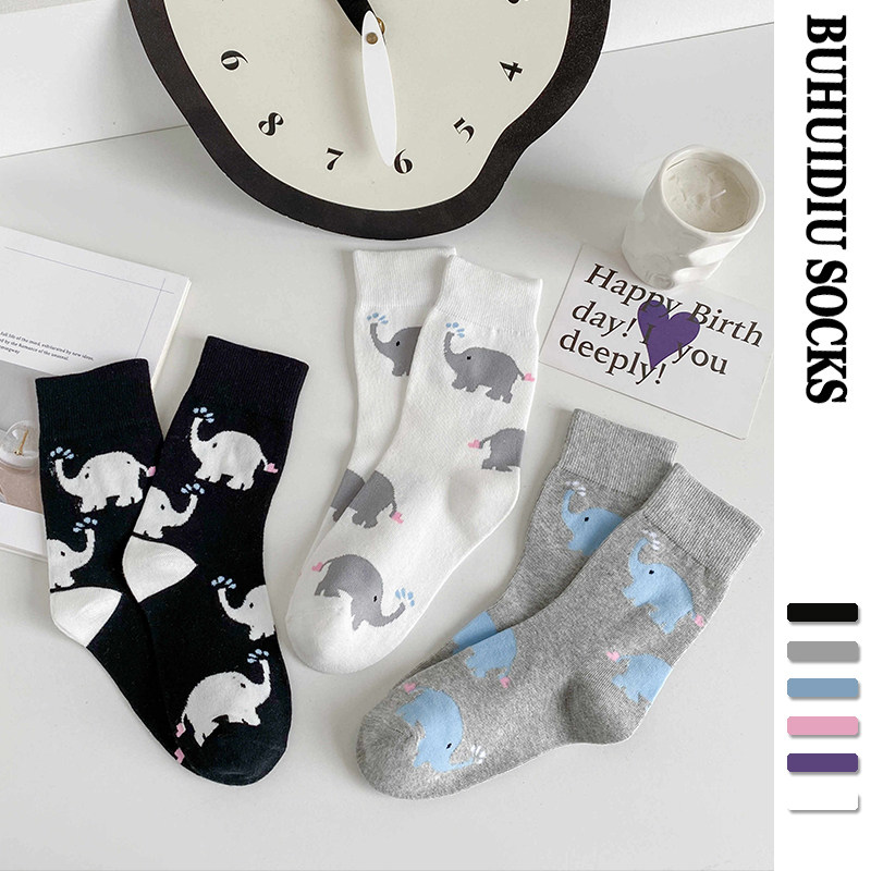 不会丢的袜子2024新款可爱卡通小象中筒袜女夏季薄袜潮网红款夏天