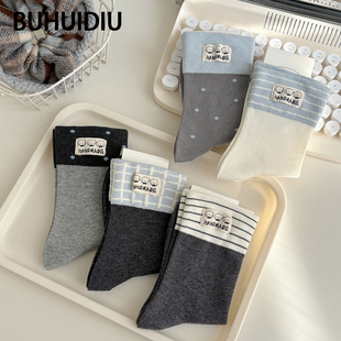 不会丢的袜子 小狗布标袜子女秋棉袜中筒袜拼色个性可爱卡通长袜