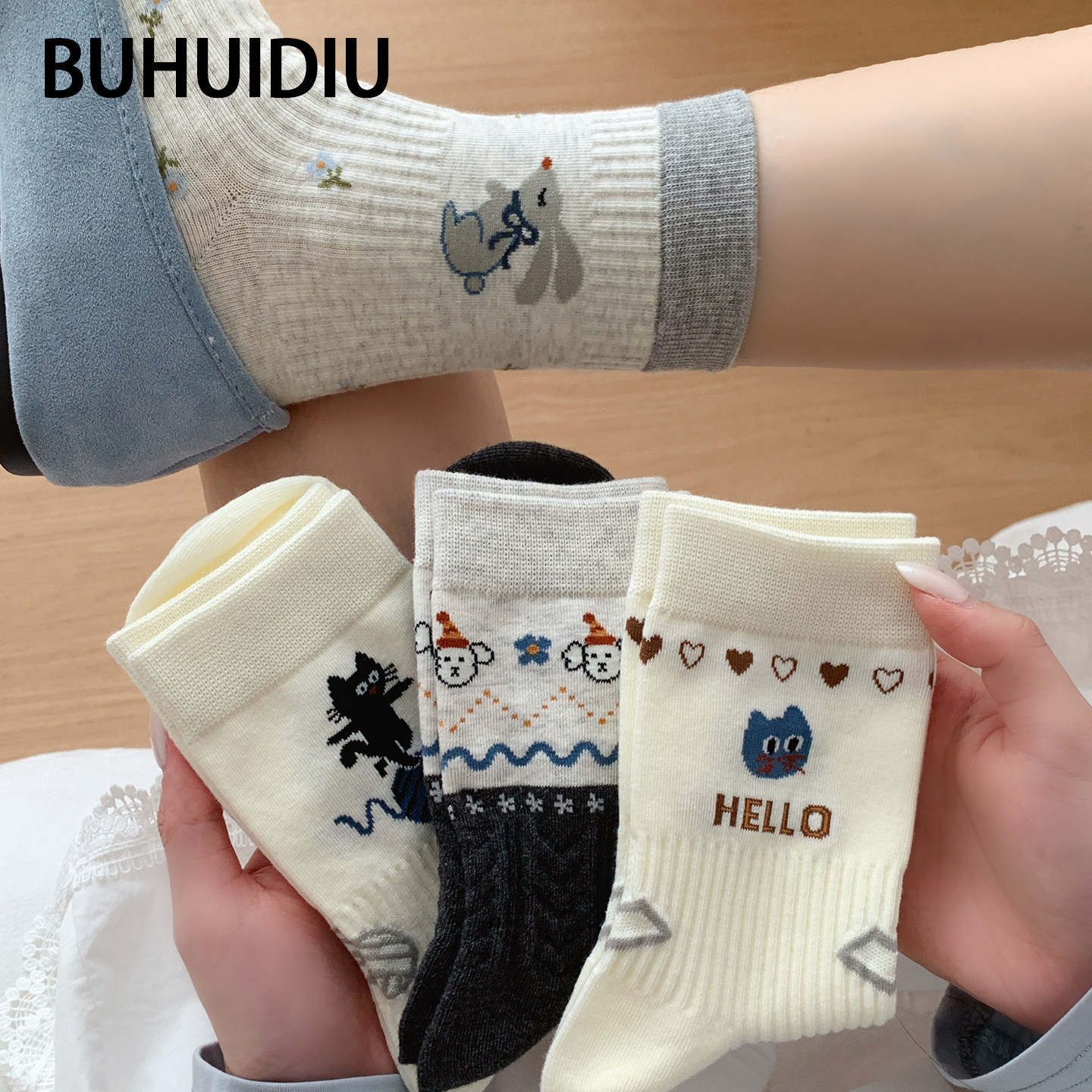 袜子女款可爱小猫无骨中筒袜秋季