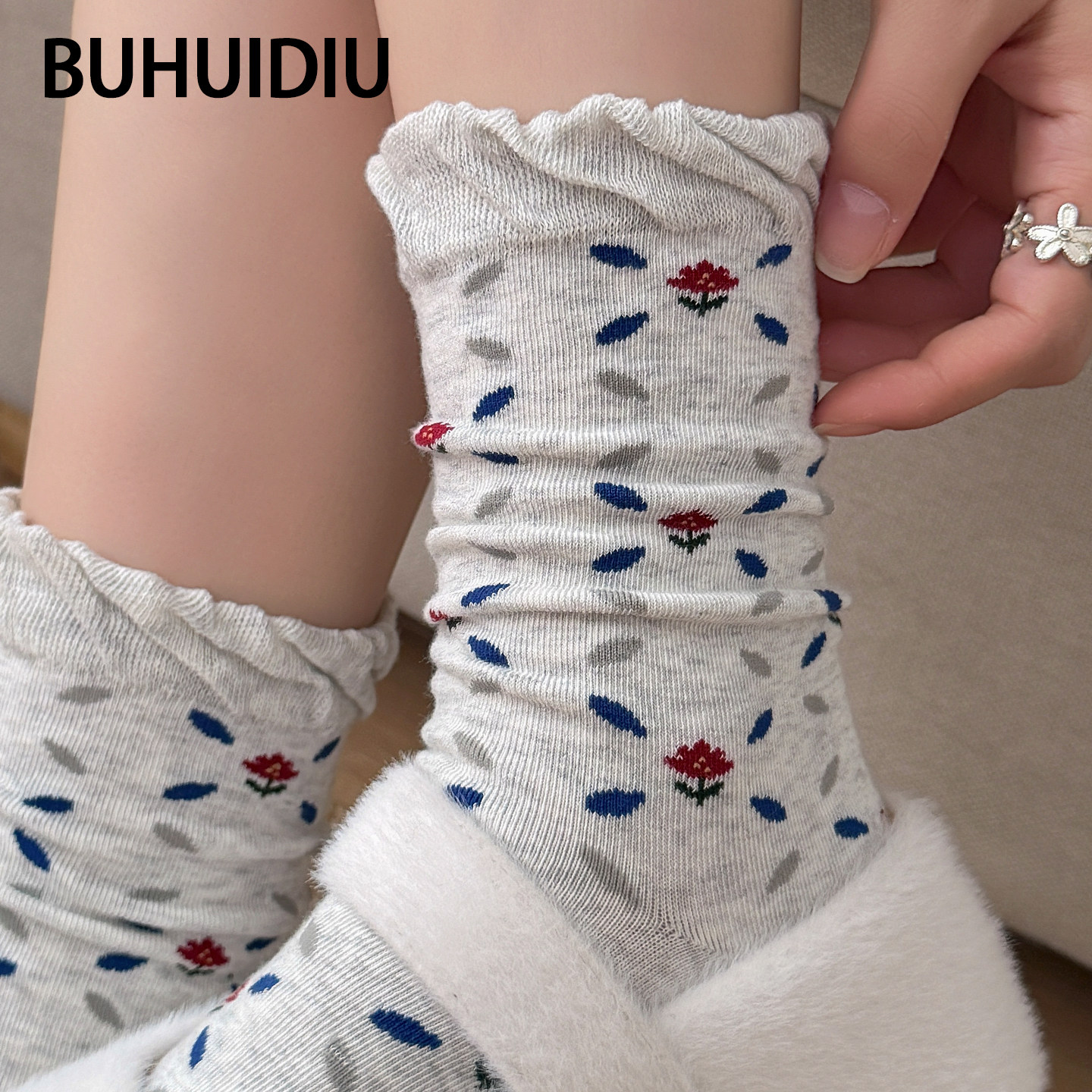 袜子女碎花浮雕无骨中筒袜堆堆袜
