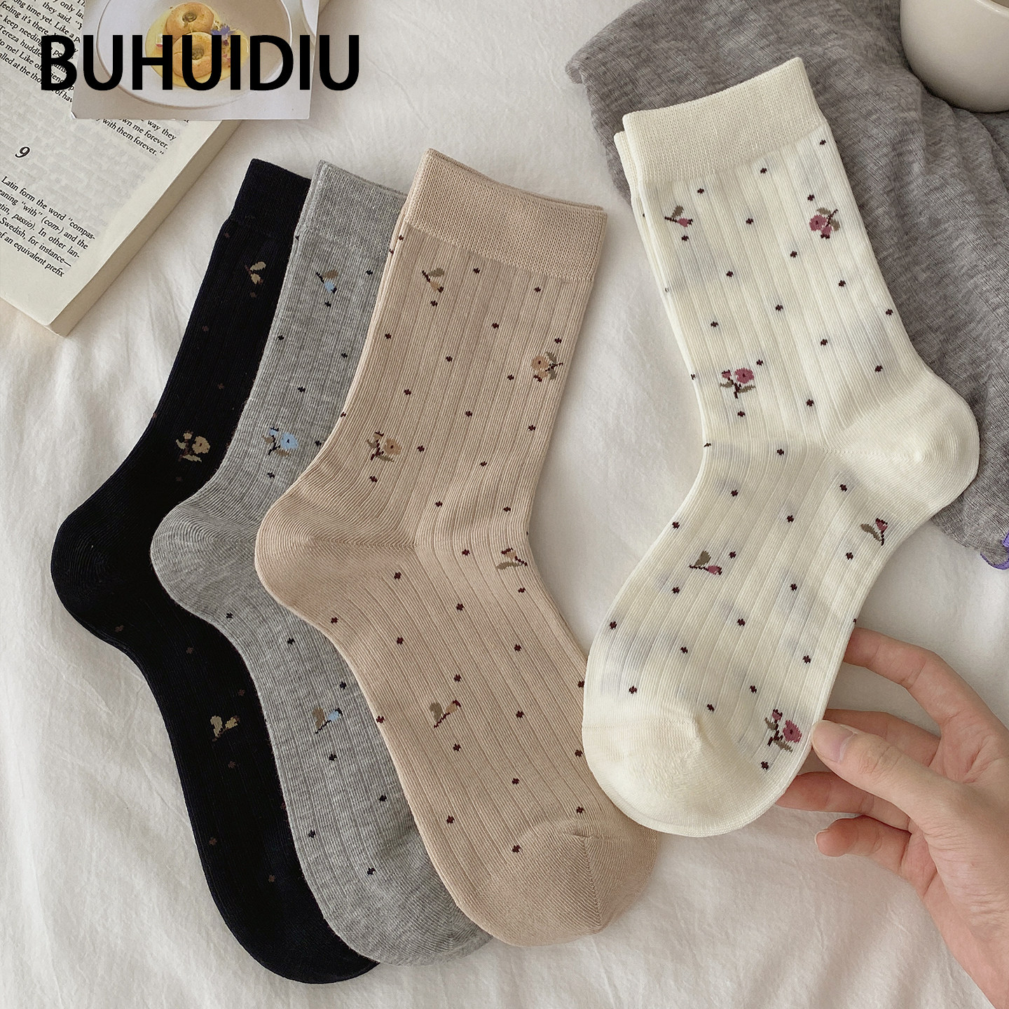 不会丢的袜子 波点碎花中筒袜女春夏季ins潮纯棉韩版复古无骨长袜