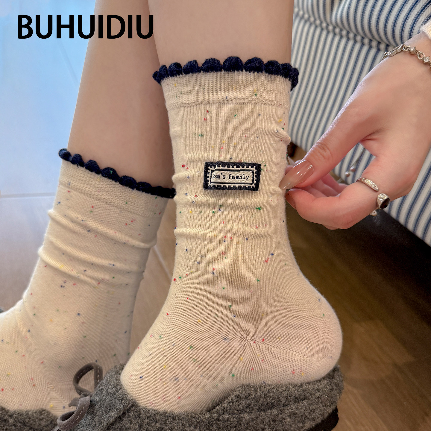 不会丢的袜子 花边布标中筒袜女款纯棉春秋季2025新款爆款堆堆袜
