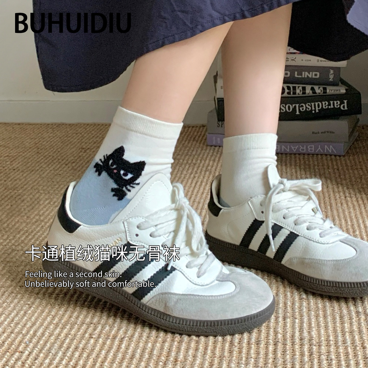 不会丢的袜子 卡通可爱小猫中筒袜女款春夏季日系棉袜女士短筒袜