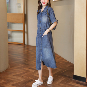 RM16574#大码欧洲站2022夏季新款胖mm复古宽松显瘦牛仔洗水连衣裙
