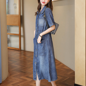 RM16574#大码欧洲站2022夏季新款胖mm复古宽松显瘦牛仔洗水连衣裙