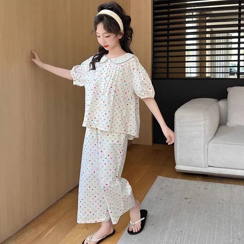 儿童空调服睡衣女夏季娃娃领短袖女童睡衣套装宽松薄款外穿中大童
