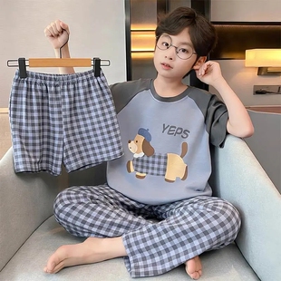 全棉夏季中大童儿童家居服睡衣短袖纯棉男童三件套宽松睡衣空调服