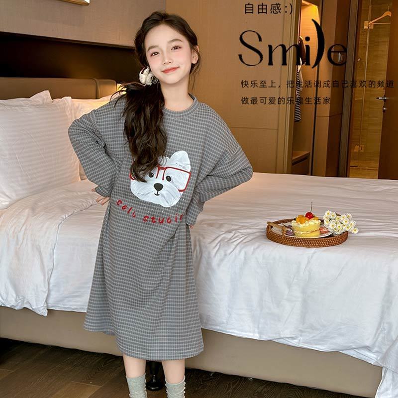 德绒保暖长袖女童睡裙秋冬款套头女孩睡裙薄绒防寒中大童儿童睡衣