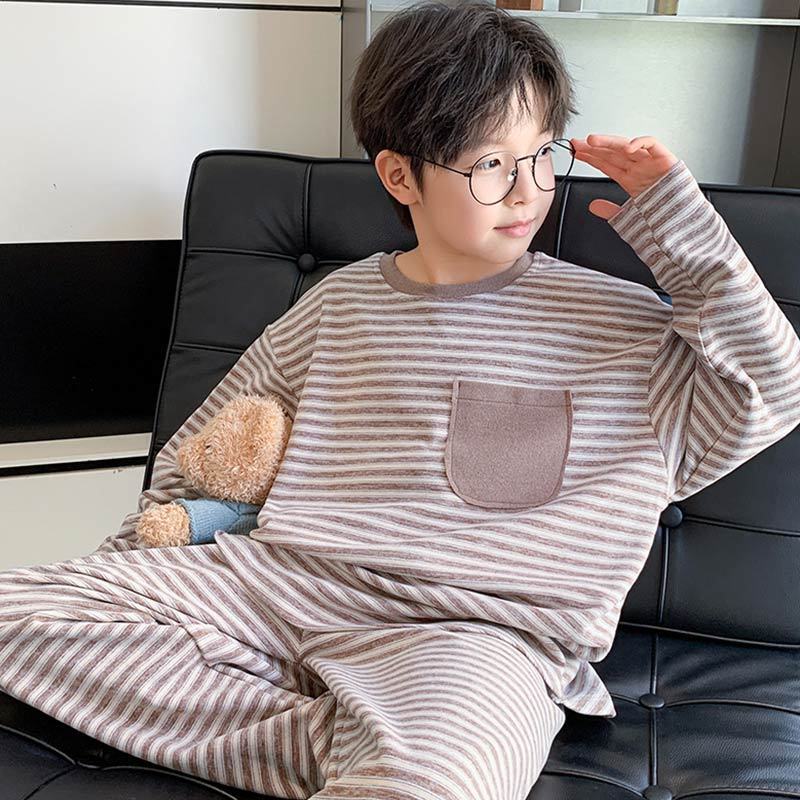 2025德绒睡衣秋冬季保暖男孩宝宝男童条纹家居服中大童空调服套装