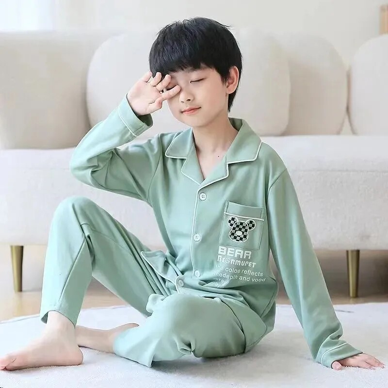 儿童家居服春秋款韩版翻领长袖男童睡衣套装宽松帅气中大童空调服