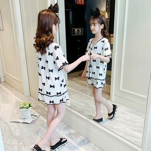儿童新款短袖冰丝睡衣女童家居服宽松中大童空调服薄款居家服套装