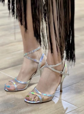 2022新款PVC银色羊漆皮牛皮底阿根廷探SalsaTango舞鞋细高跟凉鞋