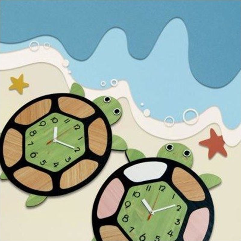 韩国进口小孩子卡通绿色乌龟静音挂钟简易卧室可爱时钟儿童房挂表