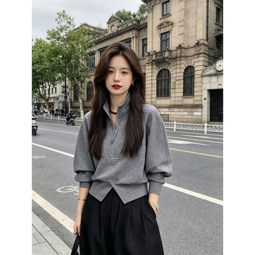 灰色新款美式半拉链卫衣女立领春秋冬慵懒风宽松休闲长袖潮上衣女