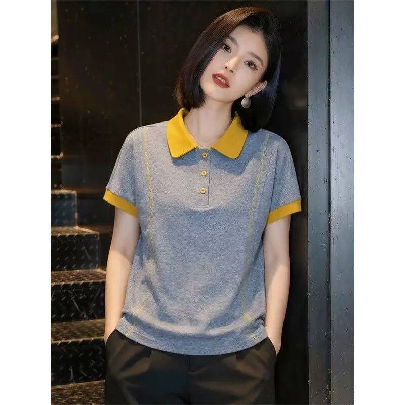 欧货高端2026夏季新款T恤女装POLO领灰黄撞色精致百搭短袖上衣女