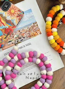 funny 羊毛毡彩色斜挎单肩背包多功能毛毡球球包链民族风单肩带子