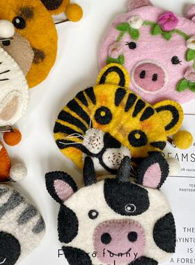 ins风羊毛毡零钱包奶牛老虎可爱毛茸动物造型硬币包手拿包日系森