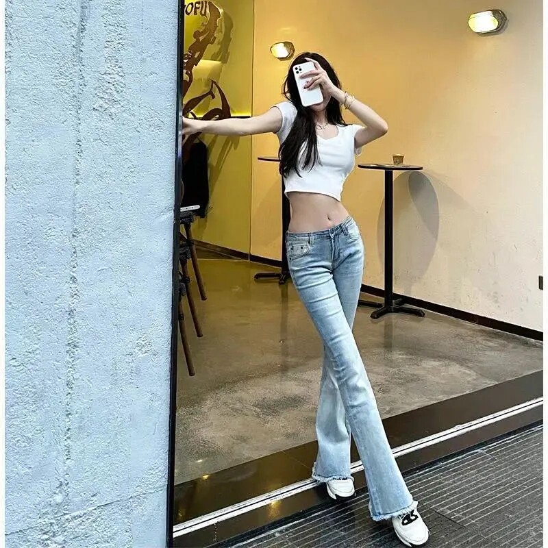 毛边弹力紧身低腰牛仔裤女新款美式辣妹个性显瘦微喇叭拖地长裤潮