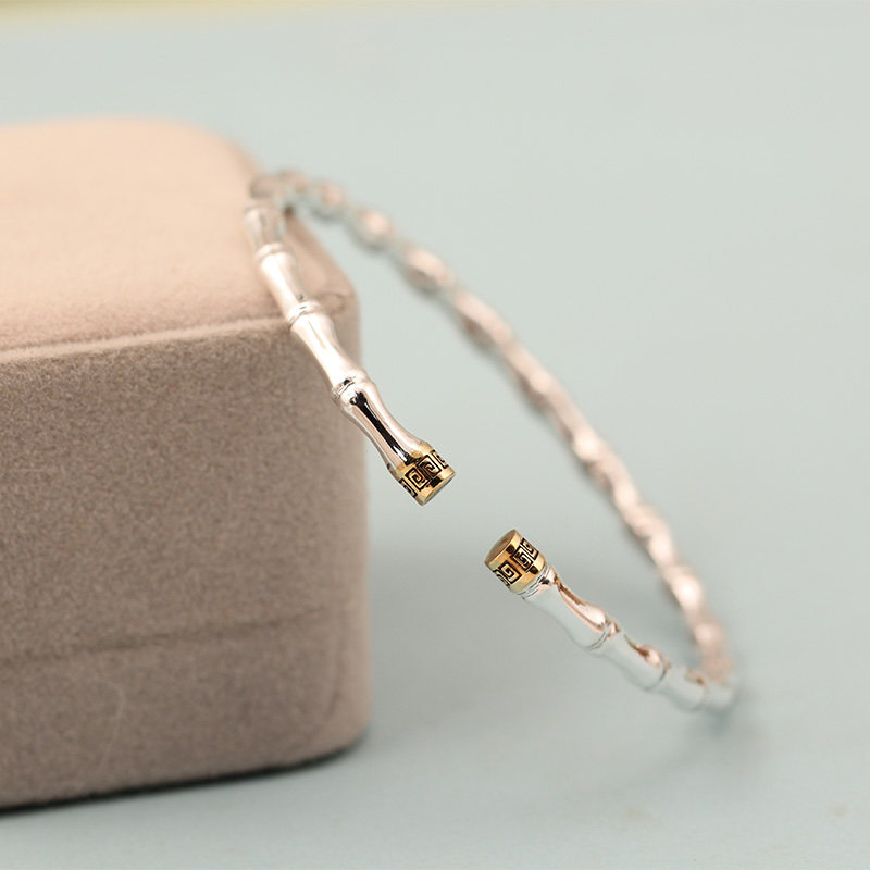 紫蝉银饰999足银手镯女开口可调节实心竹节造型时尚百搭手环饰品