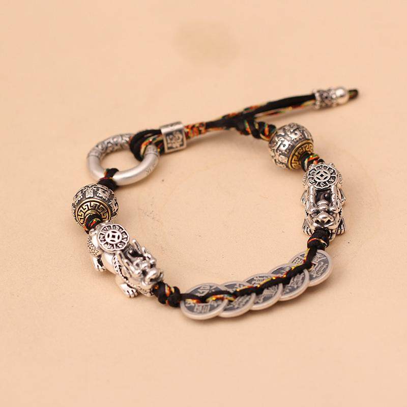 S925纯银手链女复古貔貅招财纳福五帝钱编织红绳情侣手绳2025新款
