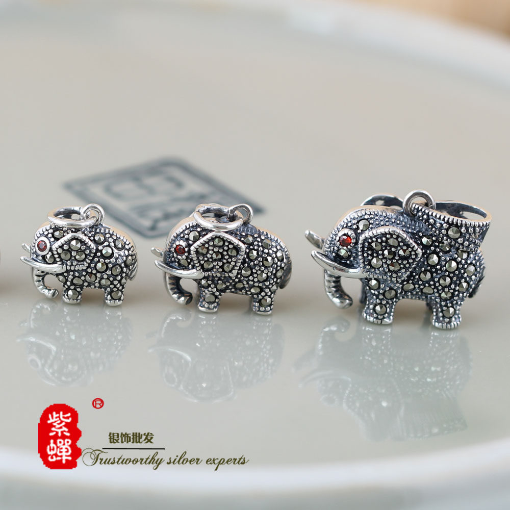 紫蝉S925纯银项链女泰银吊坠diy手工串珠配件小象大象复古银挂坠e
