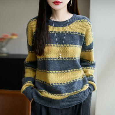 100纯羊毛衫女圆领加厚拼色条纹针织打底衫宽松慵懒外穿毛衣上衣
