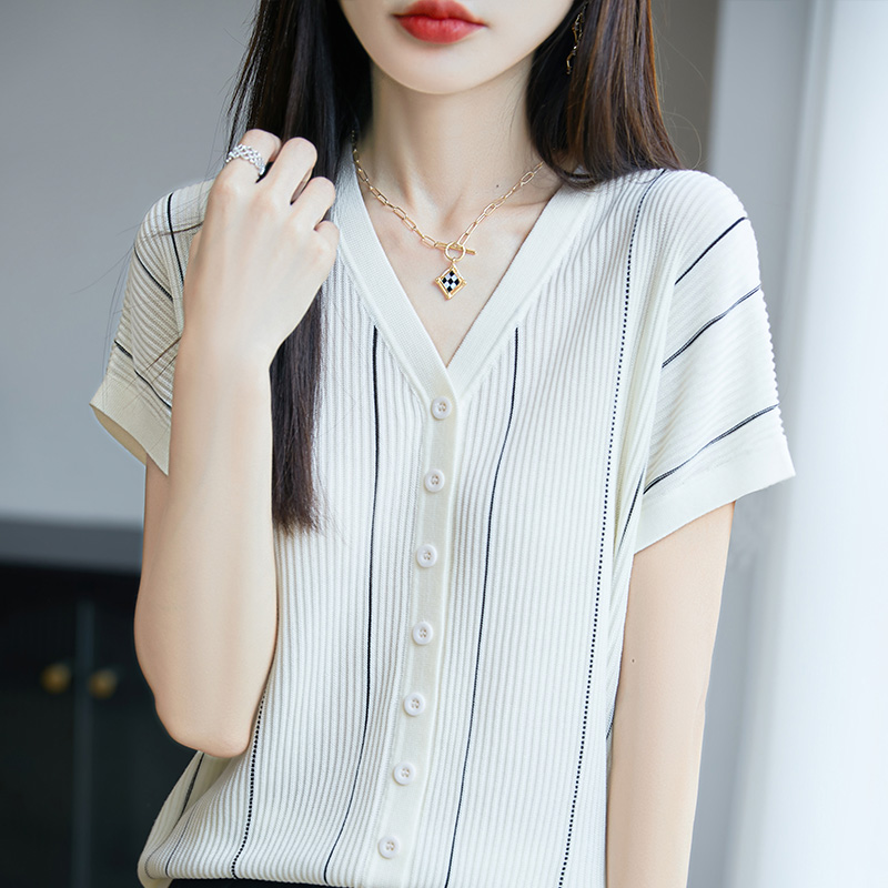 V领条纹短袖针织开衫莱赛尔天丝上衣女洋气时尚百搭气质小衫T恤
