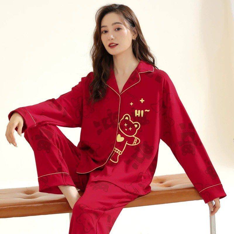 本命年女士睡衣秋冬季翻领长袖套装休闲宽松大红色喜庆外穿家居服