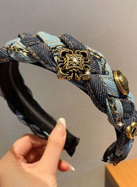 发卡女发饰新品高颅韩国顶辫发箍设计牛仔小众蓝色高级感麻花头箍