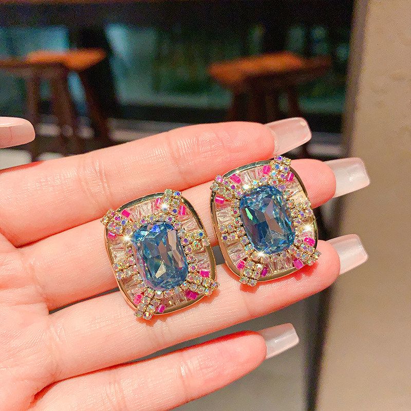 镶钻耳环s925耳饰轻奢长方形银针蓝彩中古镶女小众耳饰微锆石新款