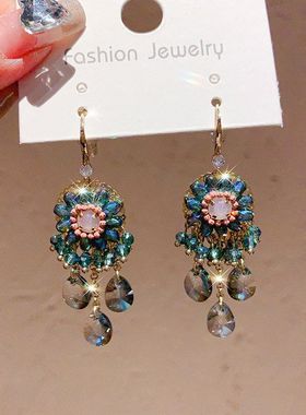 耳环耳坠女绿色韩国显脸长款气质高级感潮瘦轻奢重工流苏耳饰水晶