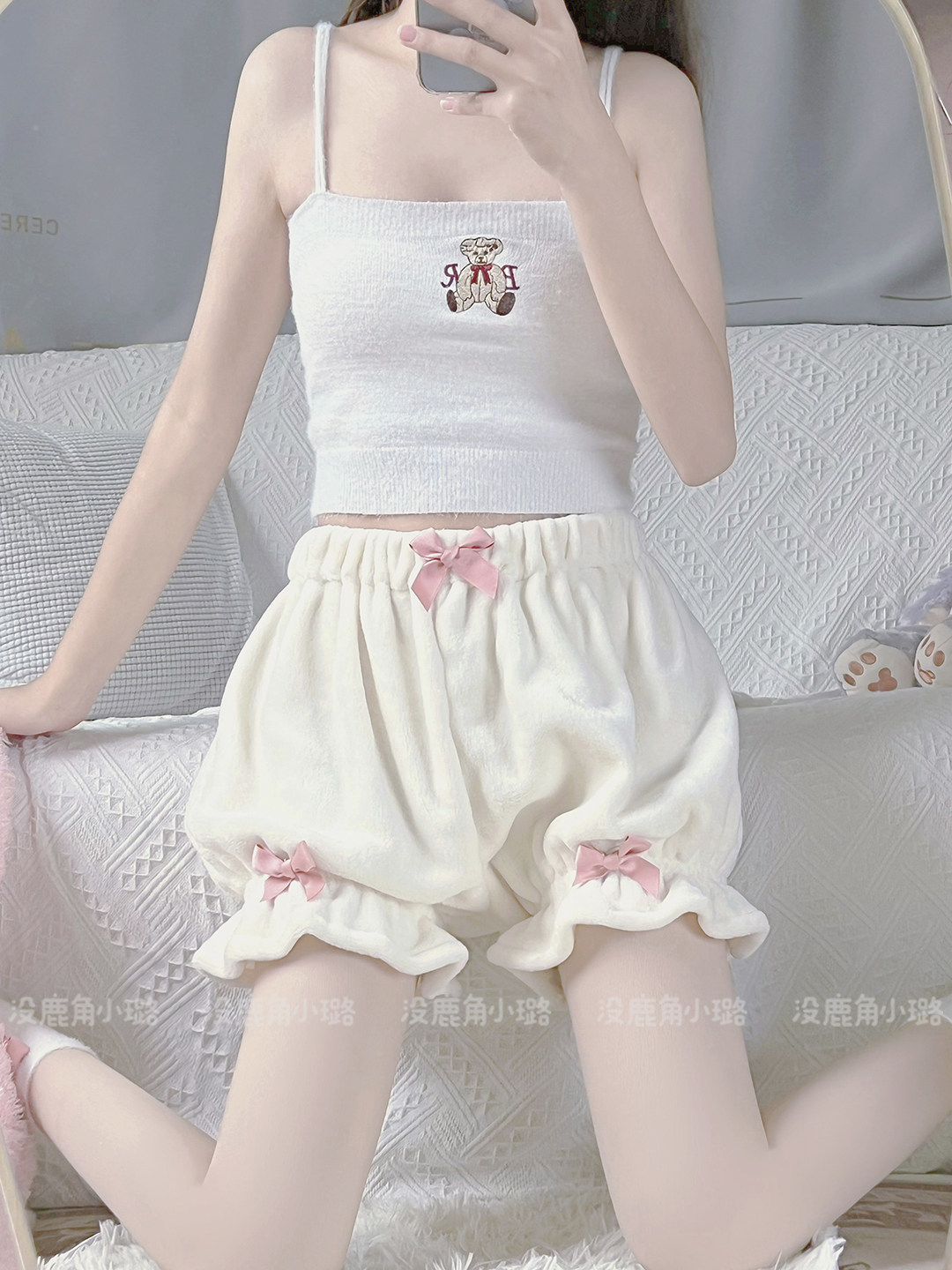 小熊吊带背心可爱抹胸仿水貂绒毛绒短款少女夏季内搭露肩甜美露脐