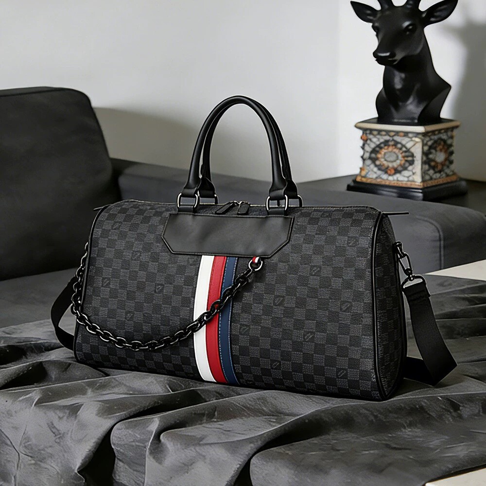 男士欧美时尚大容量牛皮旅行袋通用手提斜挎出差健身包黑色格纹潮