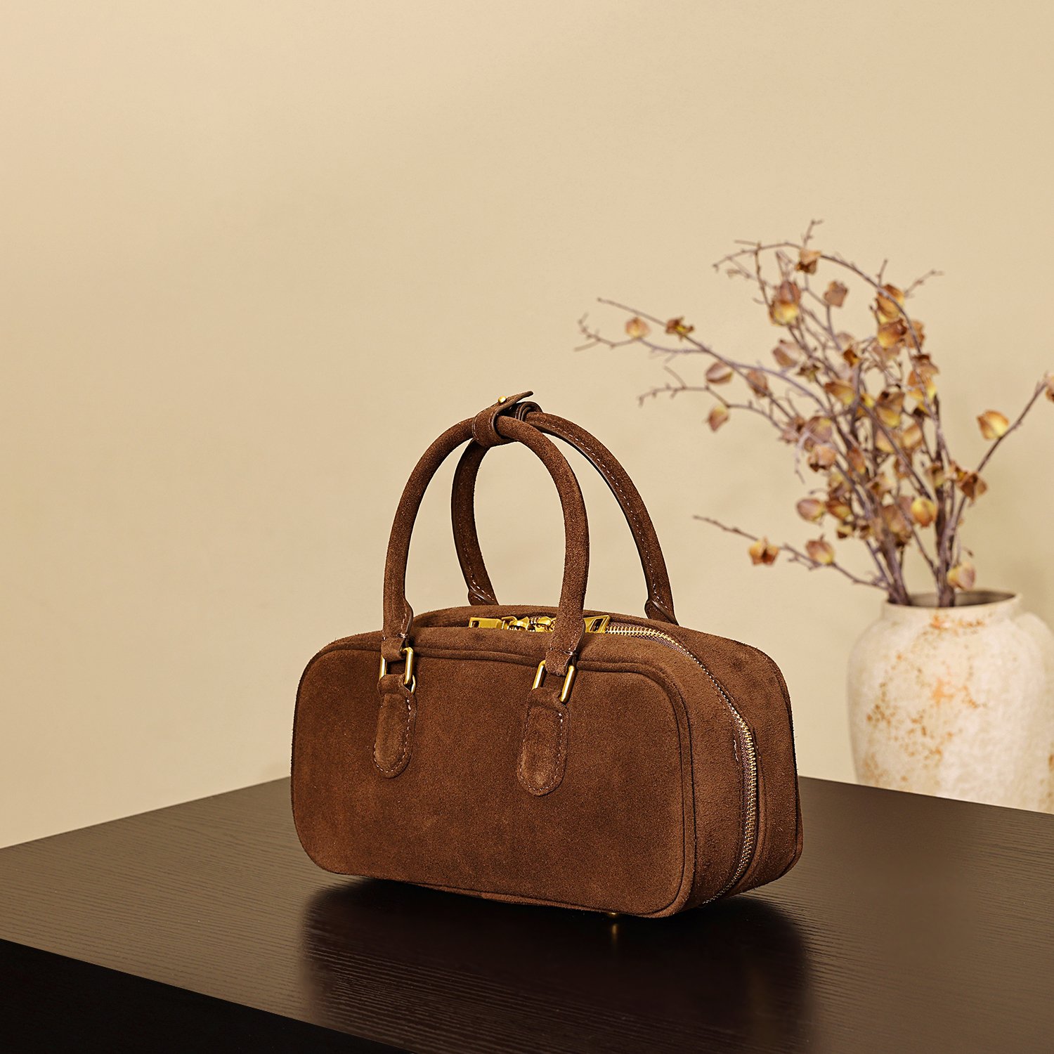 小众品牌复古麂皮绒保龄球包女