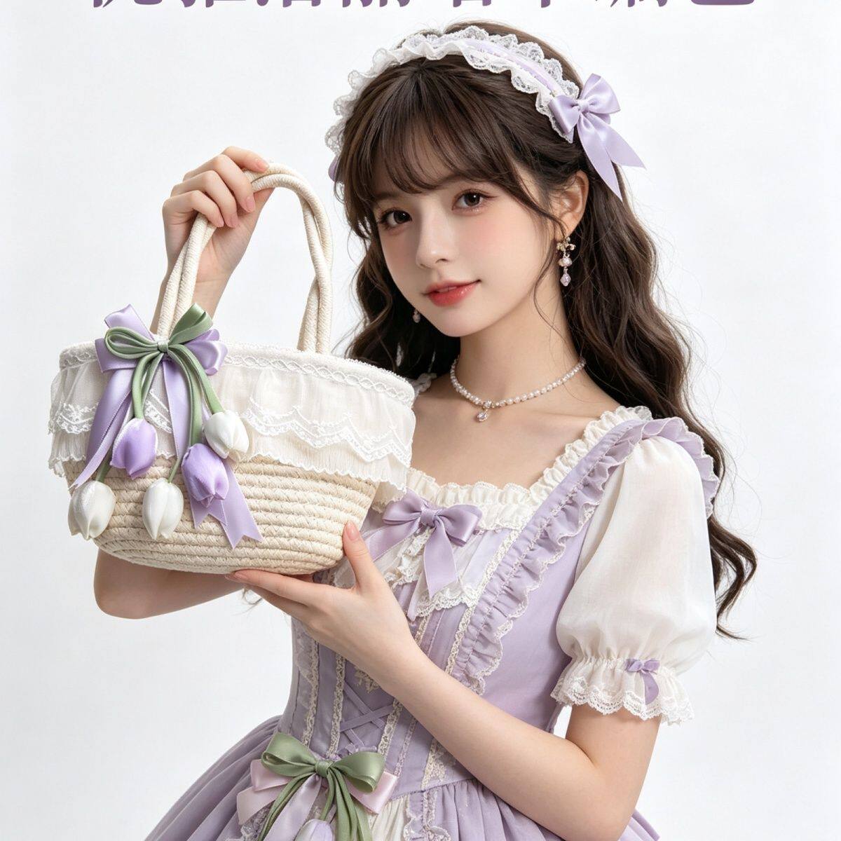 暖屿原创~洛丽塔郁金香法式甜美手提包蕾丝可爱蝴蝶结海边拍照