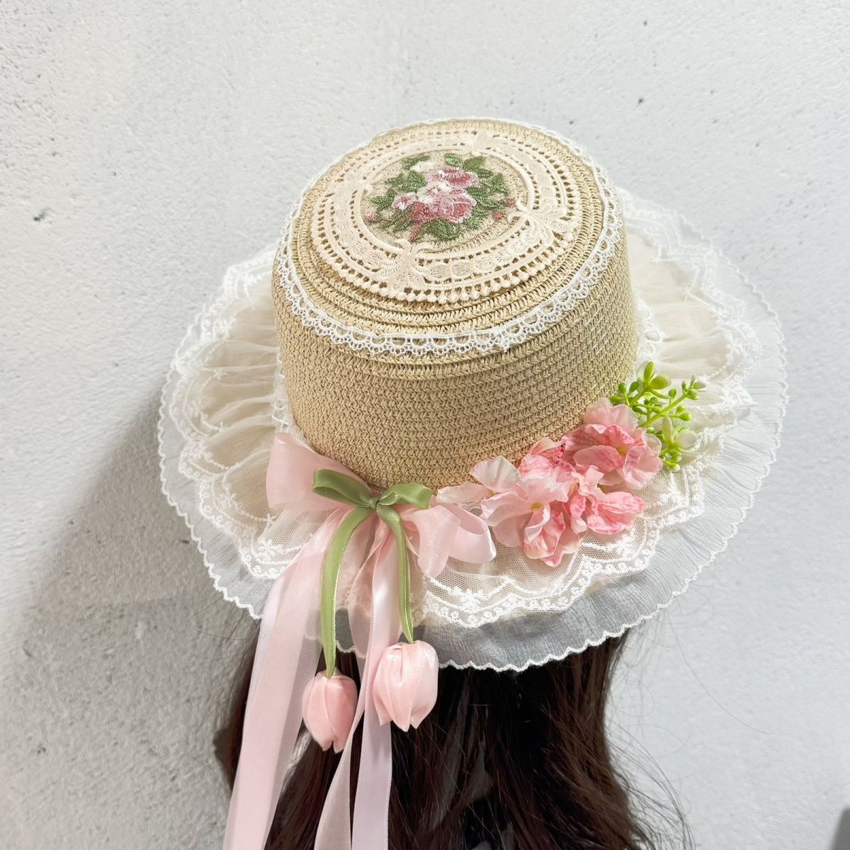 原创!春夏粉色洛丽塔法式蕾丝草帽软妹Lo防晒帽子太阳帽显瘦doll
