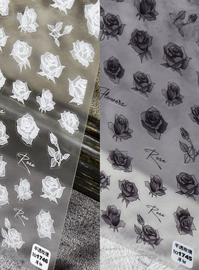 黑白色玫瑰花美甲贴纸自粘防水贴
