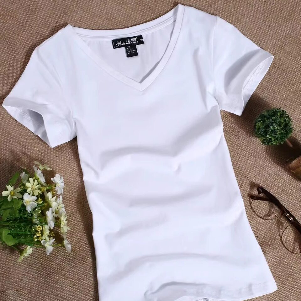 短袖t恤女装纯白桖血V领土丅贴身体恤修身紧身半截袖夏季上衣服
