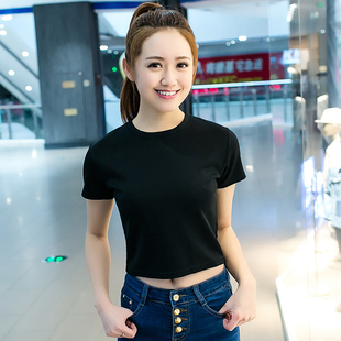 网红2020新款 黑色t恤女高腰露脐短款 打底衫 上衣漏肚脐修身 潮 短袖