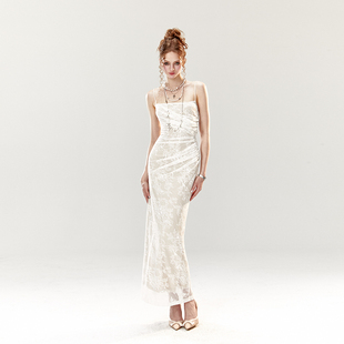 4muggle原创白色蕾丝鱼尾连衣裙高腰显瘦辣妹长裙 张予曦同款