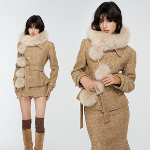 短裙半裙套装 卡其色小香风毛呢外套亮晶晶法式 女 繁星 4muggle