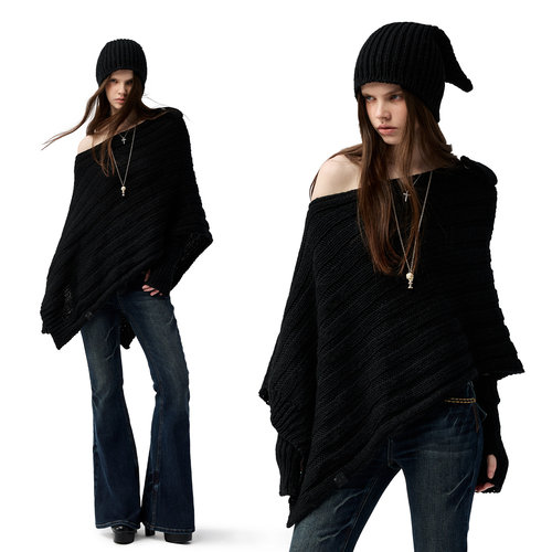 4muggle黑色棒针针织斗篷上衣女