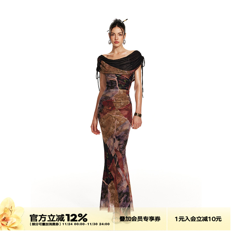 4muggle新款新中式荡领鱼尾裙女