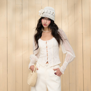 4muggle原创赶春珠片蕾丝泡泡袖收腰上衣法式宫廷小香风七分裤女