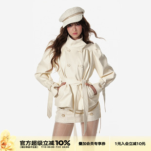 4muggle原创大女主时髦伞形褶皱立领白皮衣气质辣妹上衣短外套女